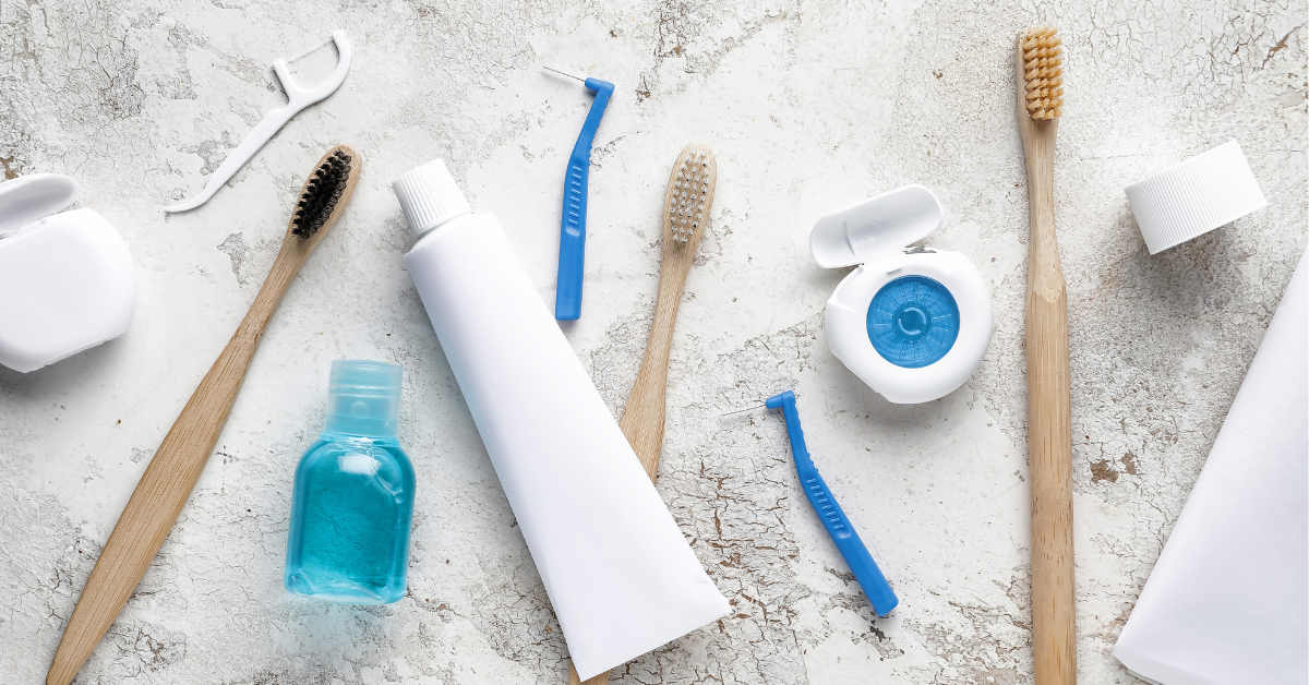 Toothbrush, floss, toothpaste, and mouthwash for cleaning dental implants.